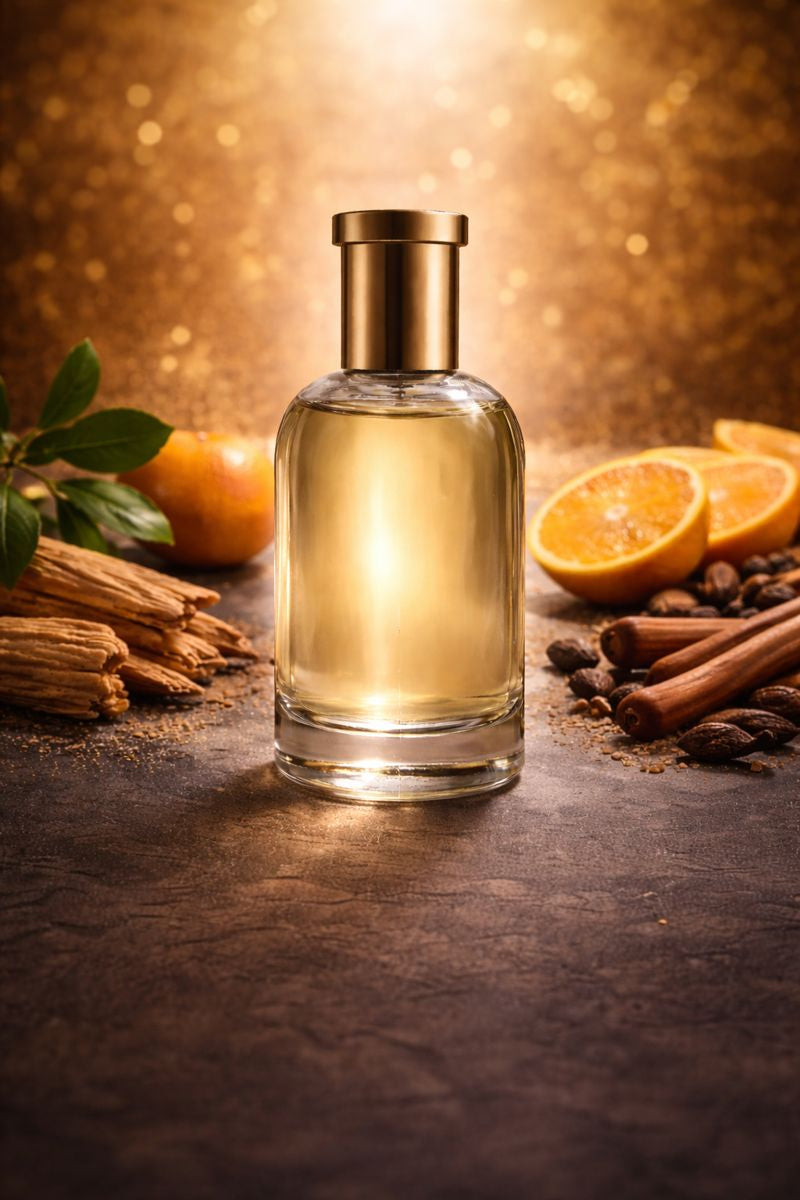 1 Million Gold Inspired men’s fragrance oil featuring sandalwood, mandarin orange, warm spices, and cedar in a rich golden luxury setting
