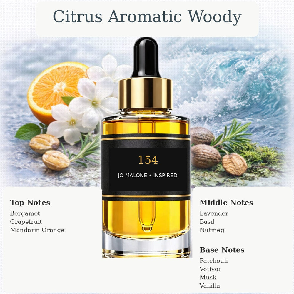 154 Jo Malone inspired fragrance oil with Bergamot, Grapefruit, Mandarin Orange, Lavender, Basil, Nutmeg, and Patchouli, Vetiver, Musk, Vanilla notes