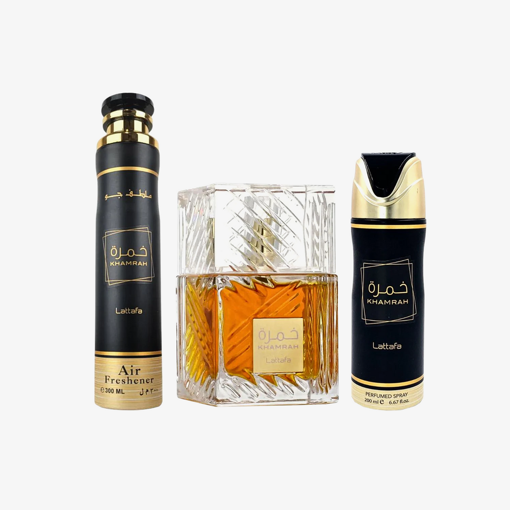 Lattafa Khamrah Gift Set EDP 100ML + Deodorant Spray 200ML + Air Freshener 300ML – Spiced Vanilla Luxury