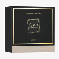 Lattafa Khamrah Gift Set EDP 100ML + Travel Spray 12ML + Hair Mist 50ML – Spiced Sweet Addiction