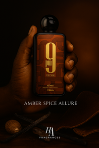 Dark-skinned hand holding Afnan 9PM Elixir perfume bottle with warm amber glow and spicy elements like nutmeg and vanilla, styled with HA Fragrances branding.