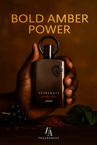Dark-skinned hand holding Afnan Supremacy Not Only Intense Eau De Parfum bottle with amber glow, black currant fruit, saffron threads, and patchouli leaves surrounding the bottle, featuring HA Fragrances logo