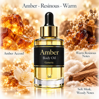 A bottle of amber body oil centered on a warm, golden background with crystals, wood pieces, and text reading 'Amber Body Oil Generic' and scent notes 'Amber · Resinous · Warm', 'Amber Accord', 'Warm Resinous Notes', and 'Soft Musk, Woody Notes'.