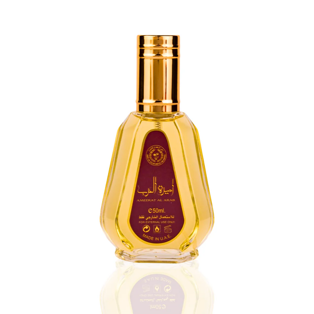 Ameerat Al Arab Eau de Parfum by Ard Al Zaafaran, 50ml spray bottle with gold cap and burgundy label.