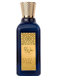 Azeezah Eau de Parfum 100ml by Lattafa, featuring a sleek blue bottle with intricate gold detailing for an elegant look.