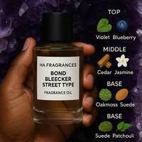 Dark-skinned hand holding a bottle of Bond Bleecker Street Type fragrance oil by HA Fragrances, with illustrated scent notes (violet leaf, blueberry, cedar, jasmine, oakmoss, suede, patchouli) on a purple crystal background.