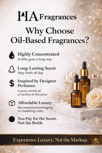 Advertisement for oil-based fragrances with text and images of bottles and a rose.