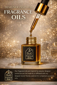 Fragrance oil dropper with bottle on a glittery background, featuring the brand 'HA Fragrances'.