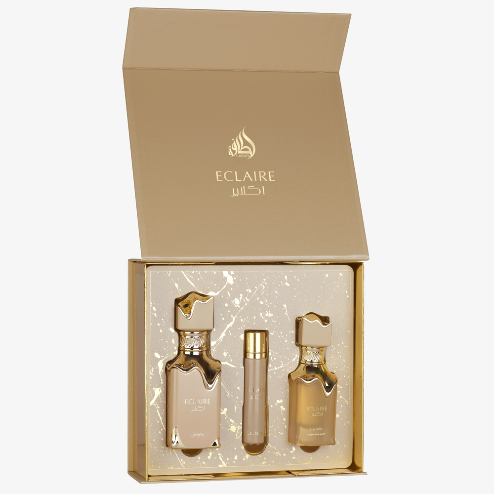 Lattafa Gift Set EDP 100ML + Travel Spray 12ML + Hair Mist 50ML – Creamy Sweet Indulgence