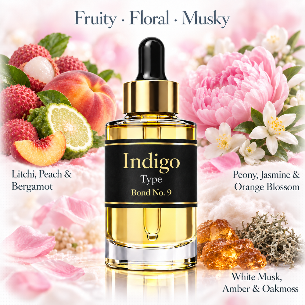 Indigo Bond No. 9 inspired fragrance oil with litchi, peach, bergamot, peony, jasmine, white musk, amber and oakmoss notes.