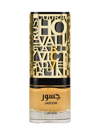 Jasoor by Lattafa Eau de Parfum bottle, showcasing an intricate gold and black design with transparent detailing.