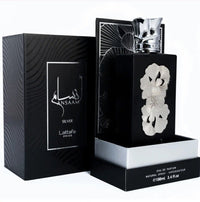 Lattafa Ansaam Silver Eau de Parfum 3.4 fl oz, featuring an elegant black bottle with silver floral detailing and matching premium packaging.