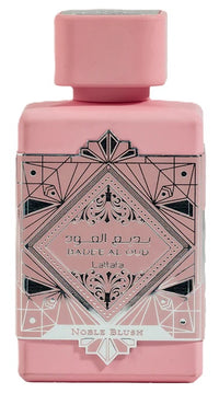 Close-up of the Lattafa Bade'e Al Oud Noble Blush Eau de Parfum bottle, showcasing its pink art-deco-inspired design and elegant branding.
