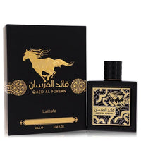 Lattafa Qaed Al Fursan Eau de Parfum 3.04 oz featuring a luxurious black and gold bottle with matching packaging, adorned with a horse design symbolizing strength and elegance.