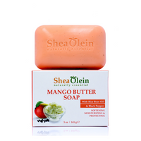 Shea Olein Mango Butter Soap bar displayed on its box, highlighting its natural ingredients including Rice Bran Oil and Black Pepper for radiant and moisturized skin.