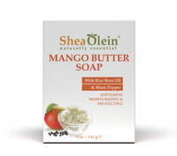 Shea Olein Mango Butter Soap featuring Rice Bran Oil and Black Pepper, designed for softening, moisturizing, and protecting the skin, 5 oz package.