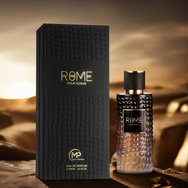 Rome Pour Homme Eau De Parfum 100ML – a sophisticated black and gold bottle next to its matching textured packaging, reflecting luxury and timeless masculinity.