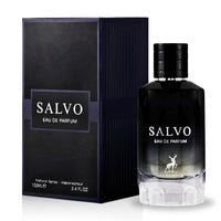 The Salvo Eau De Parfum by Maison Alhambra displayed with its elegant black packaging and a bold, stylish black gradient bottle design.