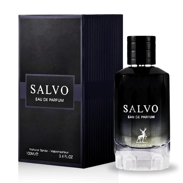 The Salvo Eau De Parfum by Maison Alhambra displayed with its elegant black packaging and a bold, stylish black gradient bottle design.