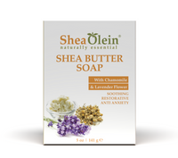 Shea Olein Shea Butter Soap with Chamomile and Lavender Flower, offering soothing, restorative, and anti-anxiety benefits, 5 oz package.