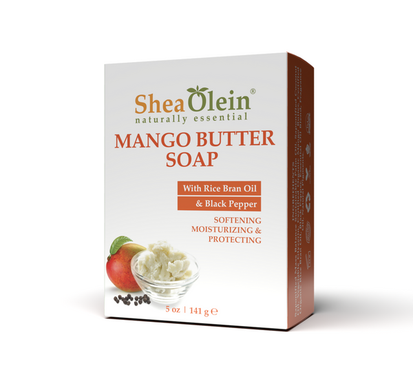 Angled view of Shea Olein Mango Butter Soap enriched with Rice Bran Oil and Black Pepper for a nourishing and protective skincare experience.