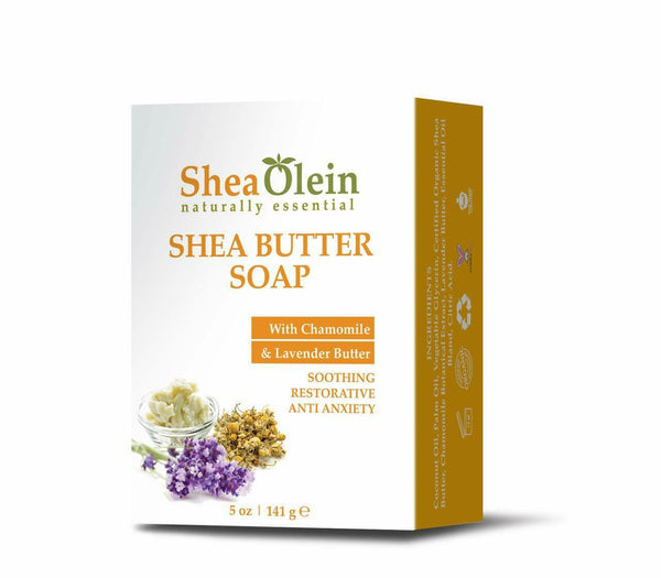 Angled view of Shea Olein Shea Butter Soap featuring Chamomile and Lavender Flower for a relaxing and restorative skincare experience.