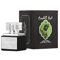 Sheikh Al Shuyukh 30ML Eau De Parfum by Lattafa alongside its green and black decorative box featuring Arabic design and a silhouette of a figure.