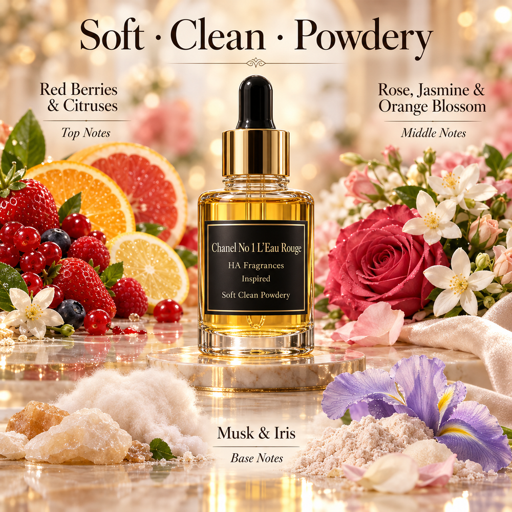 A bottle of soft, clean, powdery fragrance centered on a reflective surface, surrounded by floral and citrus elements including strawberries, raspberries, rose, jasmine, orange blossoms, and purple irises. Text labels describe the scent notes: Red Berries & Citrus, Rose & Jasmine & Orange Blossom, Musk & Iris.