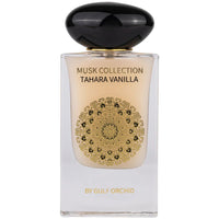 Close-up of the Tahara Vanilla Musk Collection 60ml perfume bottle by Gulf Orchid, featuring an elegant gold design and black cap.
