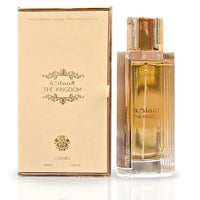 The Kingdom for Women Eau De Parfum by Lattafa displayed with its sophisticated beige and gold packaging and a stunning glass bottle with refined gold accents.