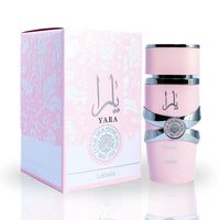 Yara 100ml EDP by Lattafa in a pink bottle with a silver finish, paired with its matching floral box.