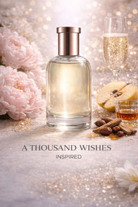 A Thousand Wishes Inspired fragrance oil for women featuring peony, prosecco, amber, quince, and warm amaretto notes in an elegant glass bottle