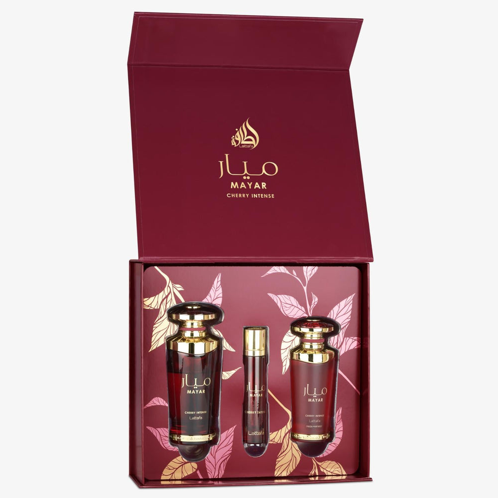 Lattafa Mayar Cherry Intense Gift Set EDP 100ML + Travel Spray 12ML + Hair Mist 50ML – Dark Cherry Addiction
