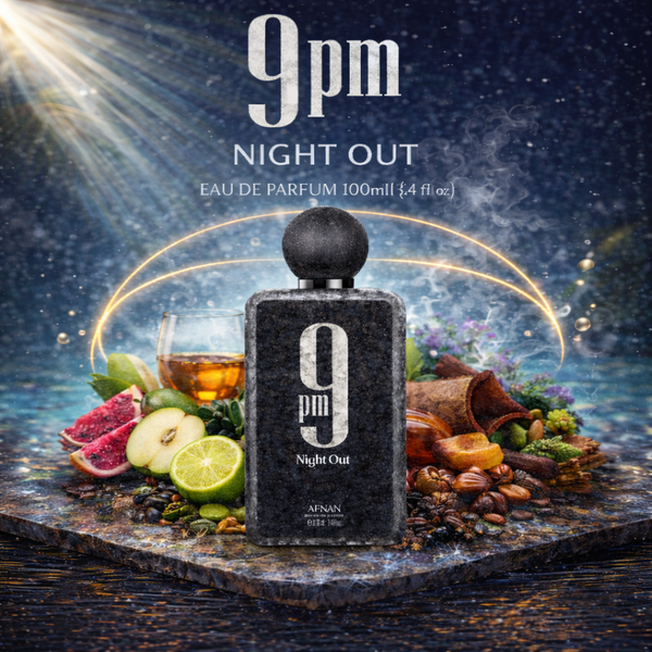 Afnan 9PM Night Out Eau De Parfum 100ml fragrance bottle featuring a sweet spicy woody scent profile with fruity and warm notes, luxury Arabian perfume popular for evening wear and night out occasions.