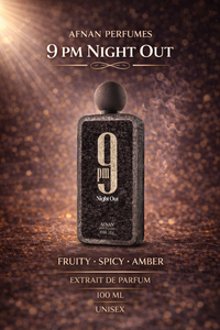 Afnan 9PM Night Out Extrait de Parfum 100ml unisex fragrance featuring fruity, spicy and amber scent profile, long lasting evening perfume ideal for nightlife and special occasions, available at HA Fragrances.