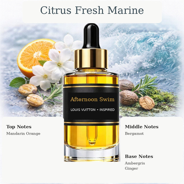 Afternoon Swim Louis Vuitton inspired fragrance oil with Mandarin Orange, Bergamot, and Ambergris, Ginger notes
