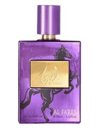 Al Fares Eau De Parfum 100ML by Ard Al Zaafaran, featuring a sleek purple bottle with a bold gold plate and a galloping horse design.