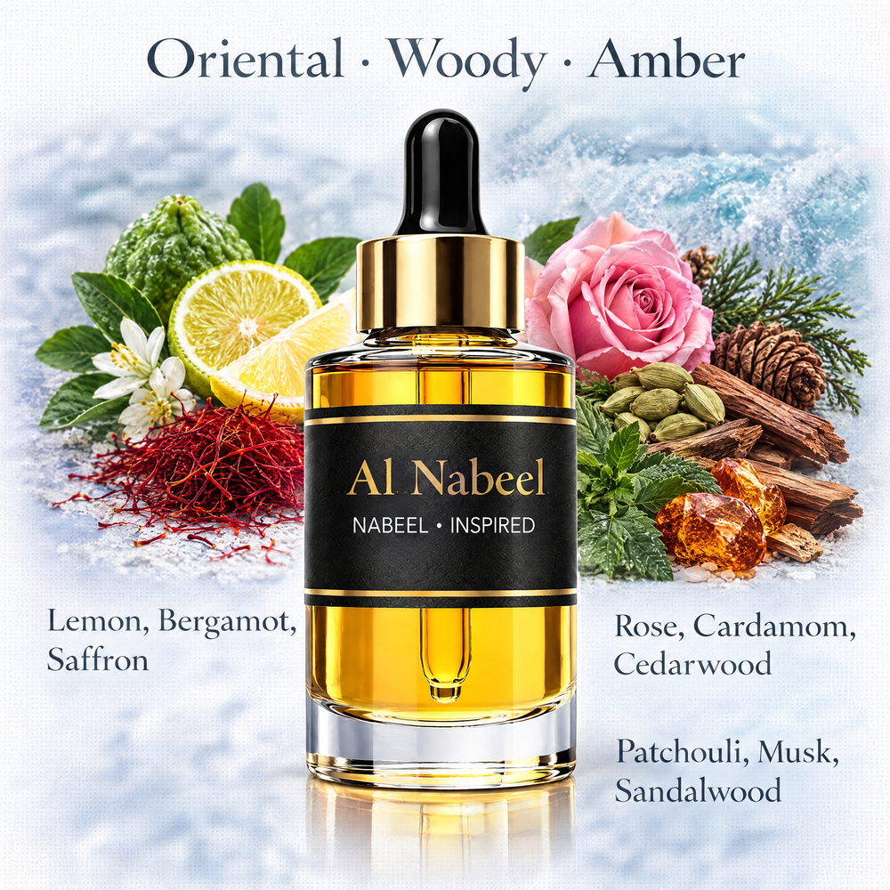 Al Nabeel inspired fragrance oil with oriental woody amber, citrus, rose and sandalwood notes