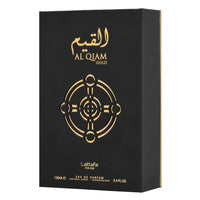 Al Qiam Gold by Lattafa Pride – black and gold outer box packaging with Arabic logo and luxury design
