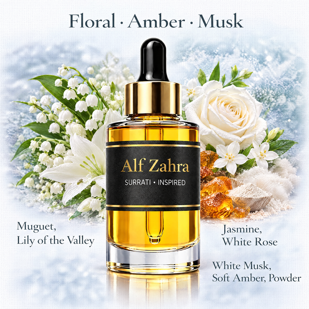 Alf Zahra Surrati inspired fragrance oil with floral, amber and soft musk notes