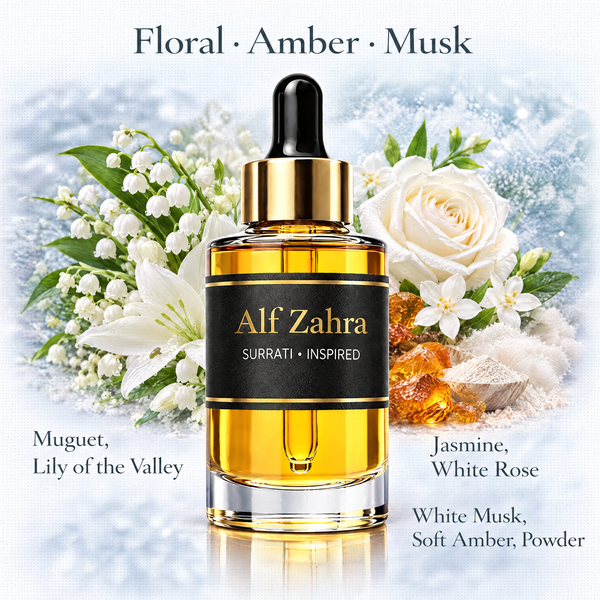 Alf Zahra Surrati inspired fragrance oil with floral, amber and soft musk notes