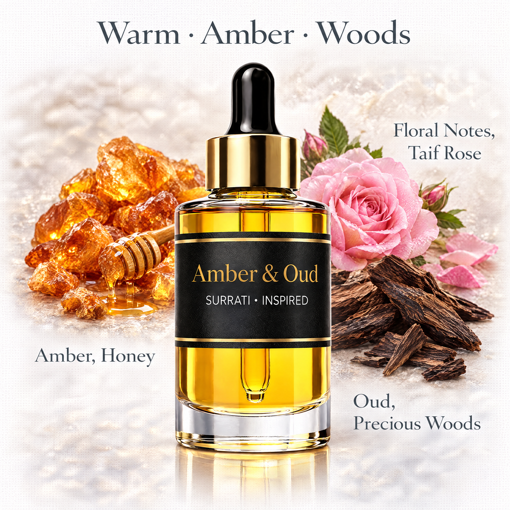 Amber and Oud Surrati inspired fragrance oil with warm amber, honey, Taif rose, oud and precious woods