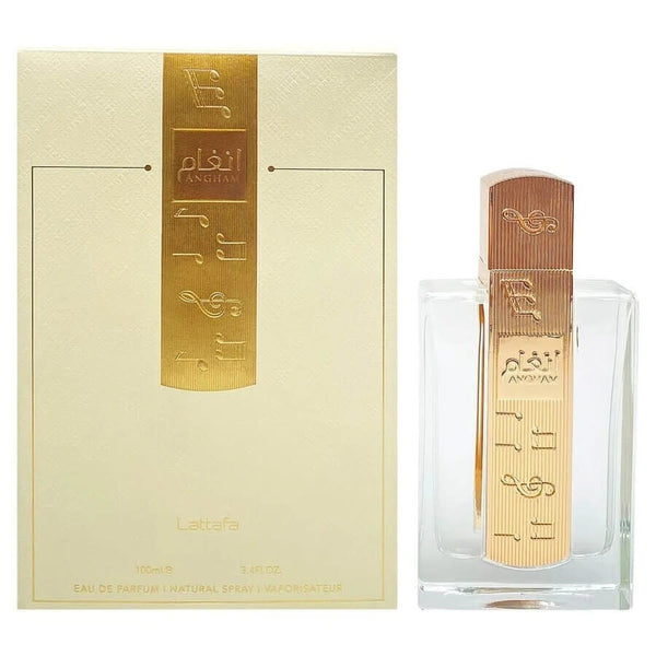 Angham Eau de Parfum 100mL by Lattafa Pride – A luxurious fragrance in a sleek glass bottle with musical-inspired gold detailing.