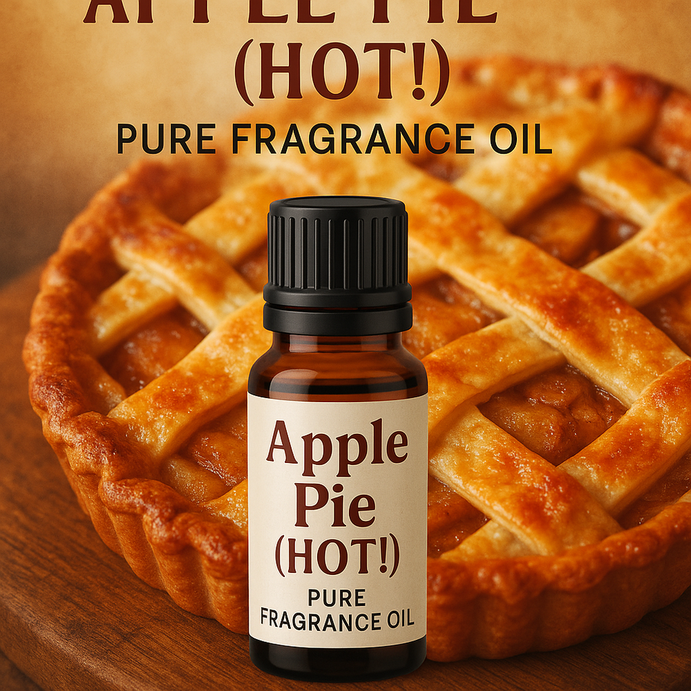 Apple Pie (HOT!) pure fragrance oil bottle in front of a warm, freshly baked apple pie – cozy dessert-scented body oil from HA Fragrances