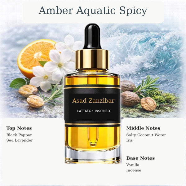 Asad Zanzibar Lattafa inspired fragrance oil with Black Pepper, Sea Lavender, Salty Coconut Water, Iris, and Vanilla, Incense notes