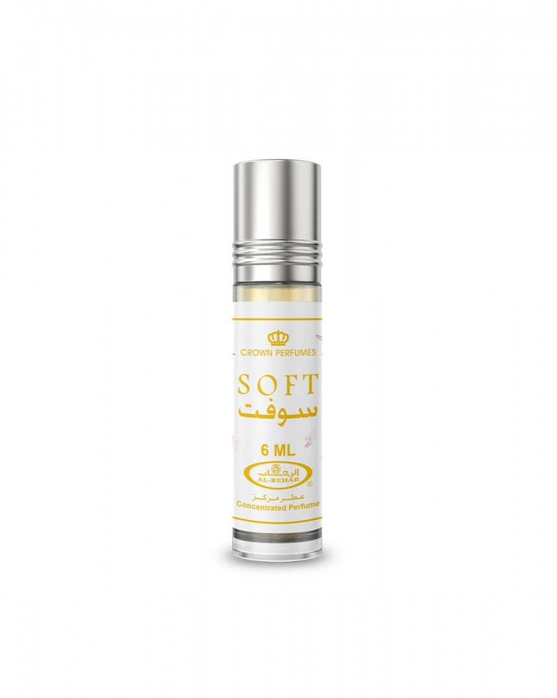 Perfume bottle labeled 'SOFT' with silver cap on a white background