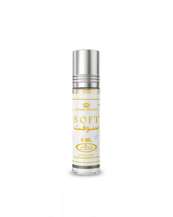 Perfume bottle labeled 'SOFT' with silver cap on a white background