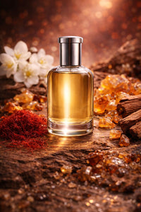 Amber floral fragrance oil inspired by Baccarat Rouge with saffron, jasmine, amberwood, and cedar notes in a luxurious golden bottle setting