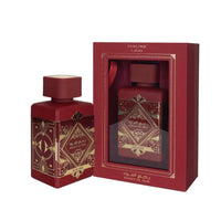 Bade’e Al Oud Sublime Eau De Parfum by Lattafa, featuring an ornate red bottle and premium gold-accented packaging, designed for a luxurious experience.