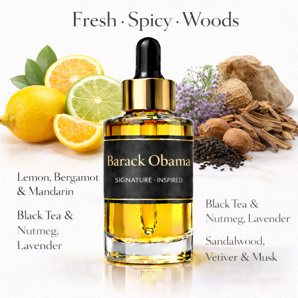 Barack Obama Inspired fragrance oil – Fresh Spicy Woods scent with lemon, bergamot, black tea and sandalwood on white background